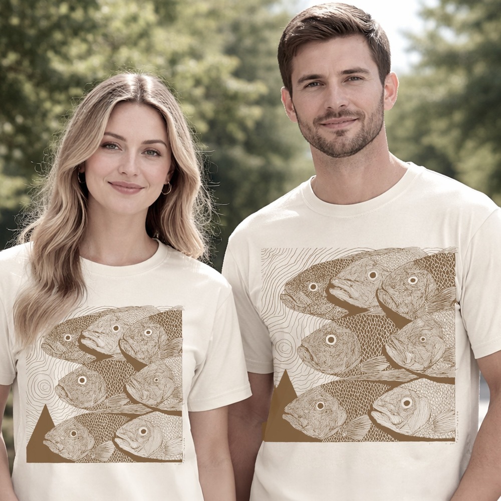 Fish Heads Intricate Line Art Graphic Tee Navy Water Design - Picture 3 of 6